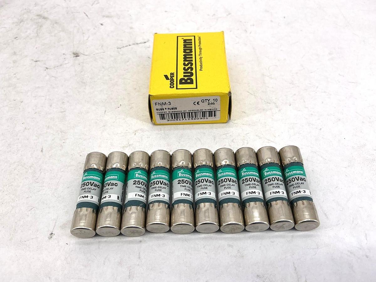 New Bussmann FNM-3 250Vac Time-Delay Fuse 3A 250V Box of 10