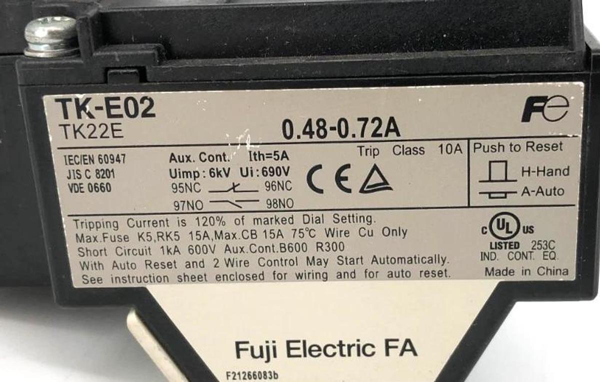 New Fuji Electric TK-E02-72 Thermal Overload Relay 0.48-0.72A - No Box