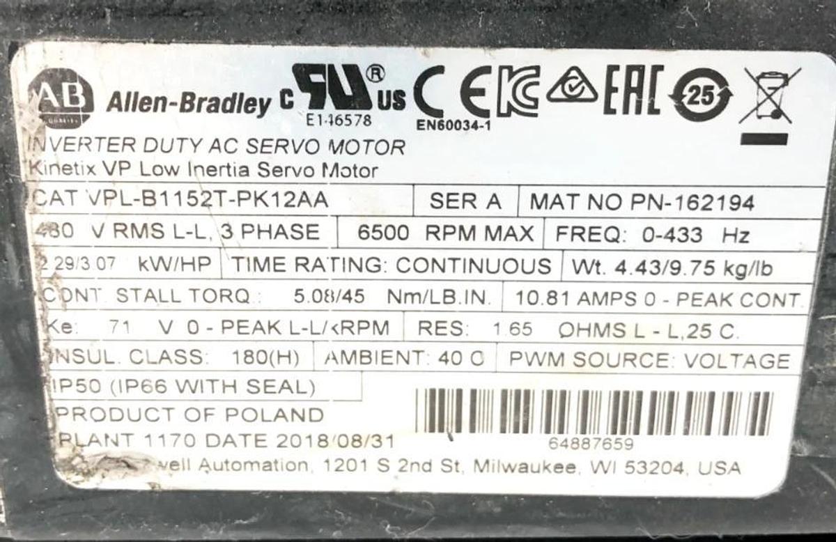 Used Allen Bradley VPL-B1152T-PK12AA Servo Motor (For Parts Only)