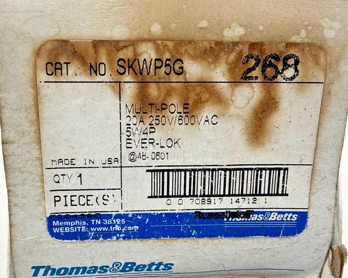 New Thomas & Betts SKWP5G Multi-Pole Watertight Plug 4-Pole 5-Pin 20A 250/600VAC