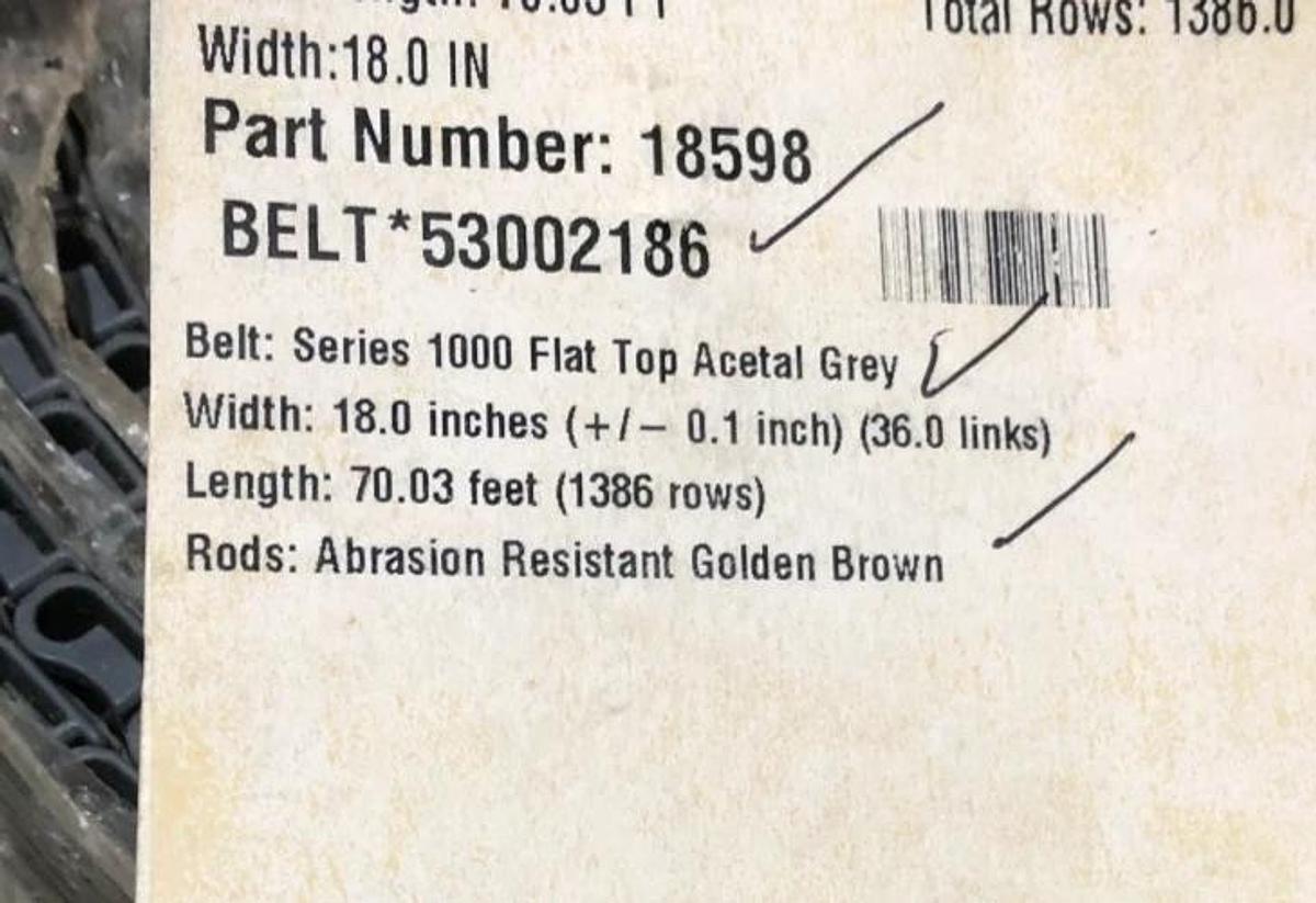 New Intralox 18598 Series 1000 Flat Top Acetal Grey 18" W x Approx. 18FT. No Box
