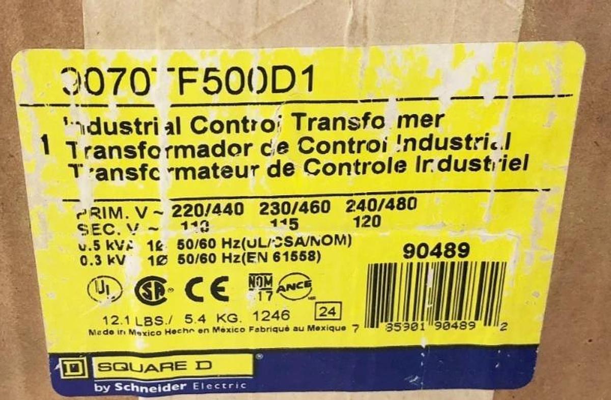 New Square D 9070TF500D1 Control Transformer 0.5 kVA Prim. 240/480V Sec. 120V
