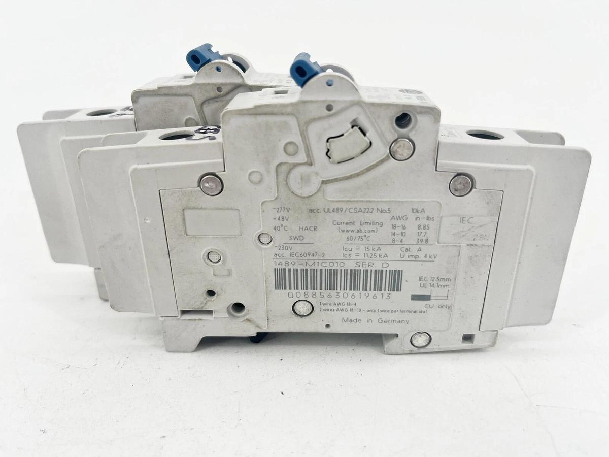 Used Lot of 2 Allen Bradley 1489-M1C010 Ser. D Miniature Circuit Breakers 1A 240V 1P