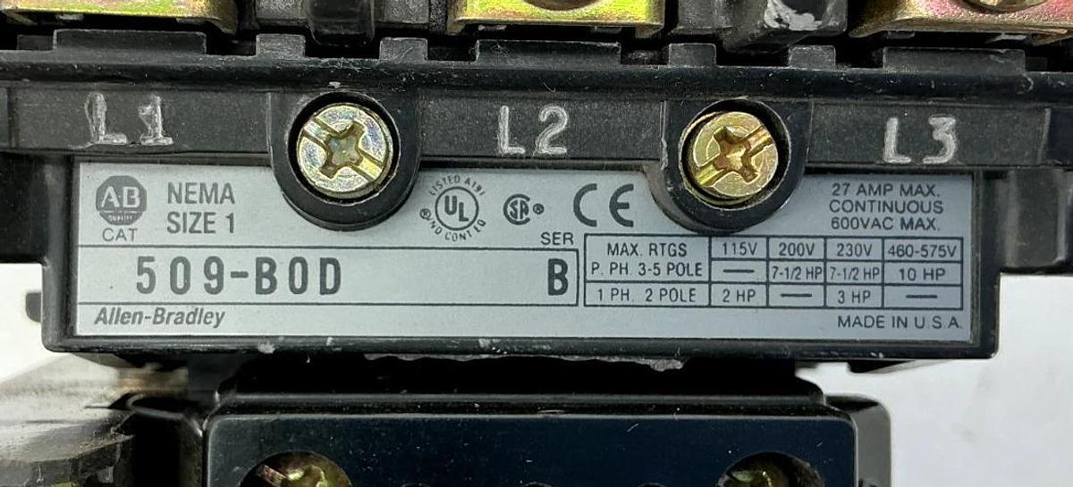 Used Allen Bradley 509-BOD Series B Starter 110/120V 50/60HZ