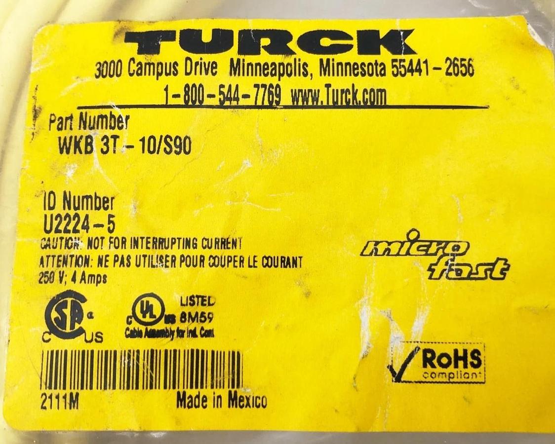 New Turck WKB 3T-10/S90 Cordset 3-Pin 1/2"-20 Microfast Female Right Angle 10m