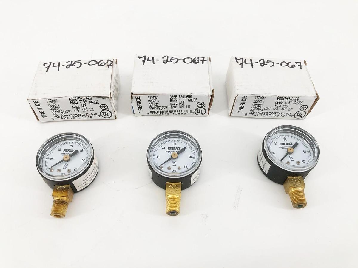 Lot of 3 New Trerice 800B1501LA60 Pressure Gauges 800B 1.5" 0-60psi 1/8" LM