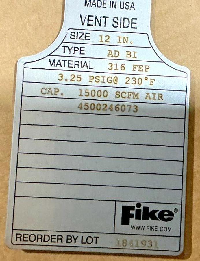 New Fike  Type AD BI Burst Indicator Size:12" Material:316FEP 3.25PSIG@230F