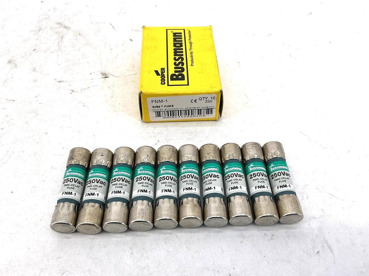 New Bussmann FNM-1 250Vac Time-Delay Fuse 1A 250V Box of 10