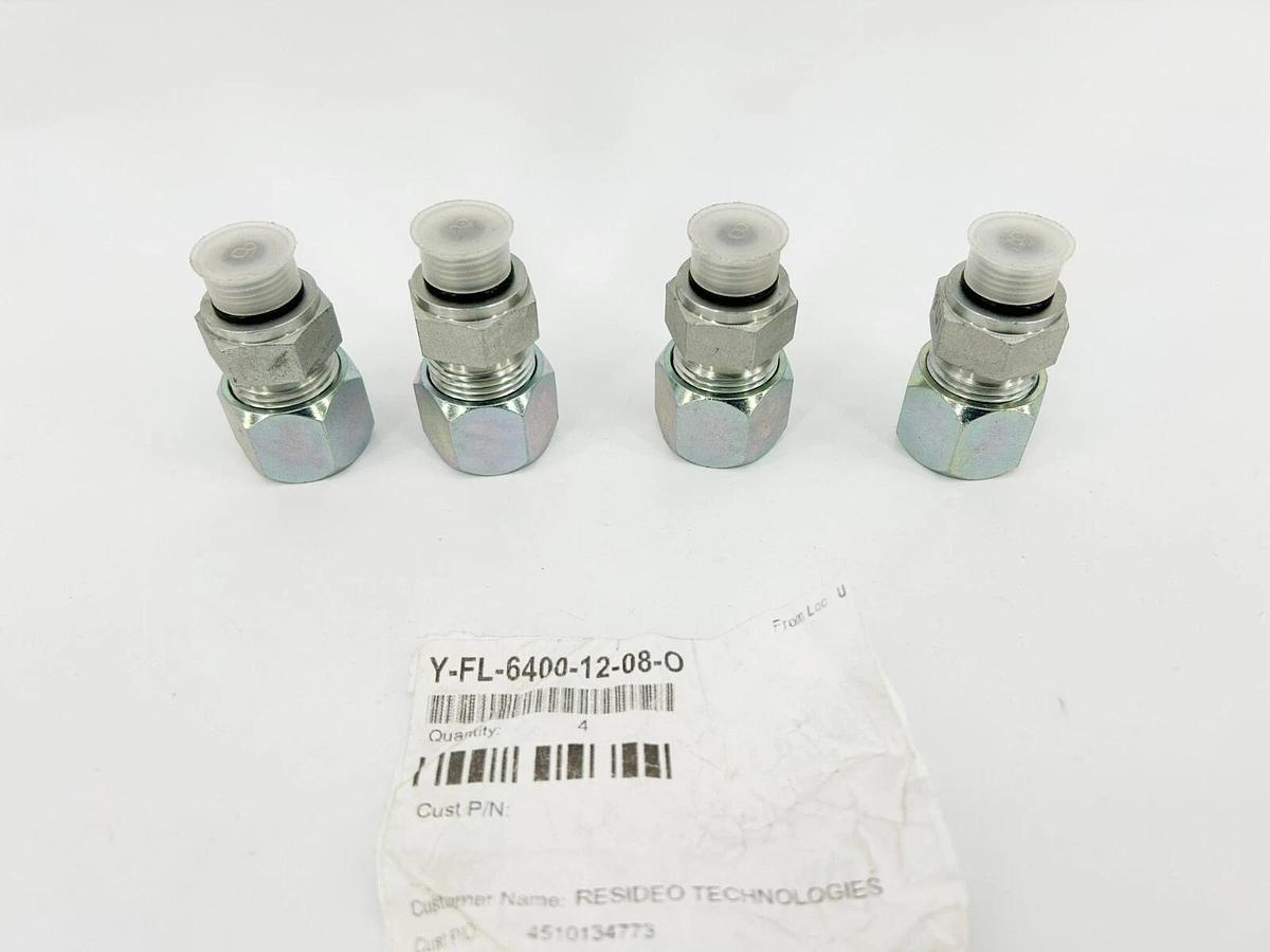 Lot of 4 New Y-FL-6400-12-08-O Adapters, Male Flareless to Male ORing Straight