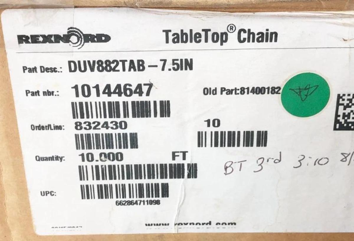 New Rexnord DUV882TAB-7.5IN TableTop Chain 10 FT. 10144647 81400182