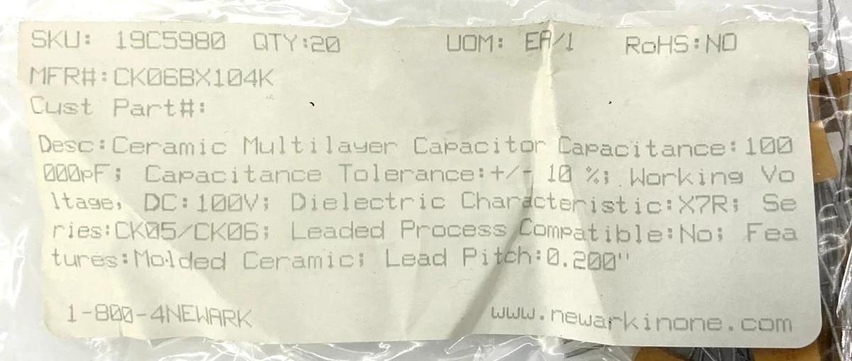 Bag of 20 CK06BX104K Ceramic Multilayer Capacitor 100VDC