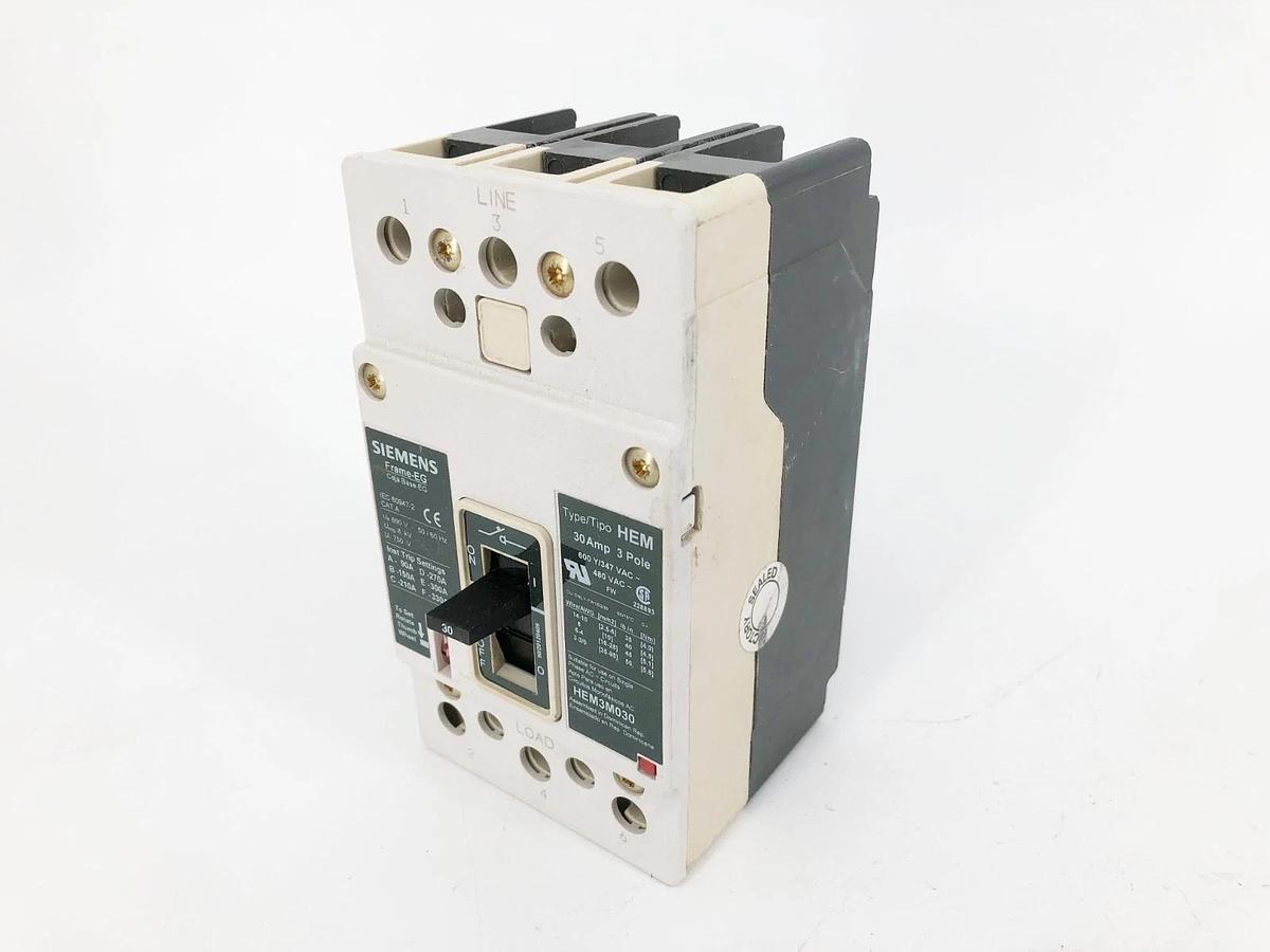 Used Siemens HEM3M030L Circuit Breaker 30A 3P 480VAC Frame-EG