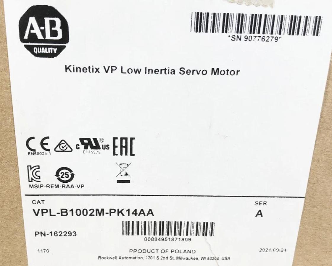 New Allen Bradley VPL-B1002M-PK14AA Ser. A Kinetix VP Low Inertia Servo Motor