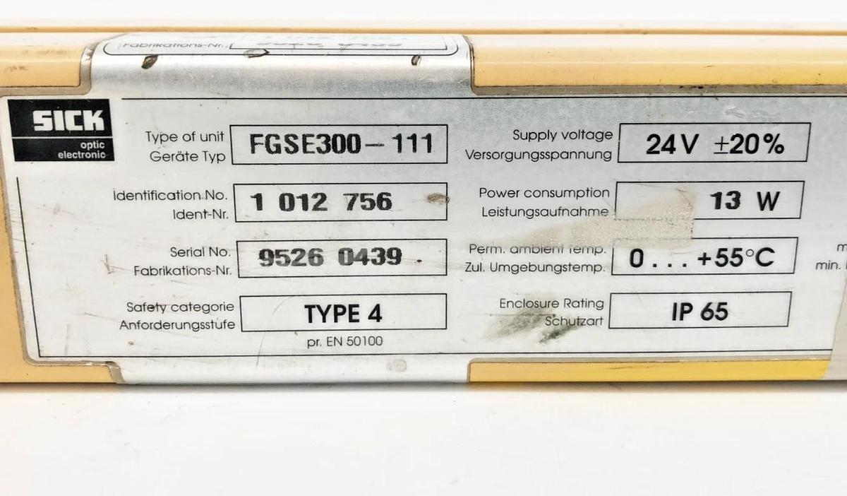Used Sick FGSE 300-111 Light Curtain Receiver 300mm Height 6m sensing Distance 24V
