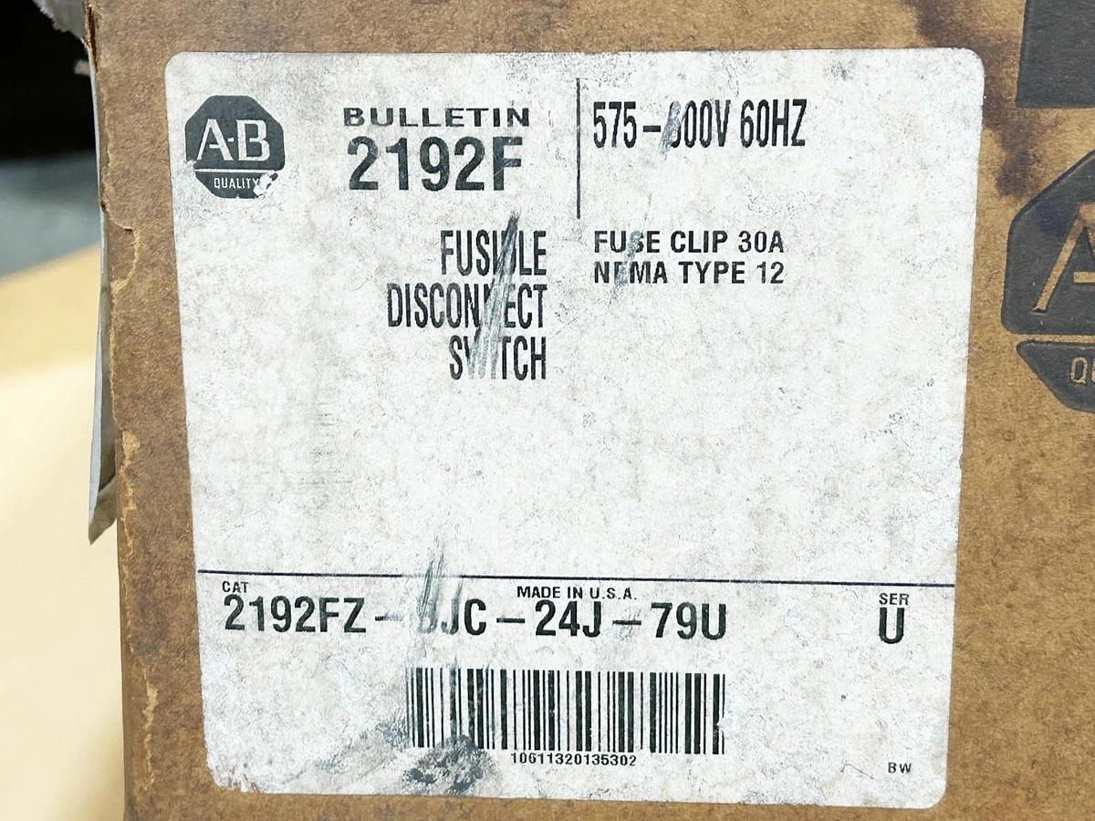 New Allen Bradley 2192FZ-BJC-24J-79U Disconnect 30A NEMA type 12 600V Ser.U
