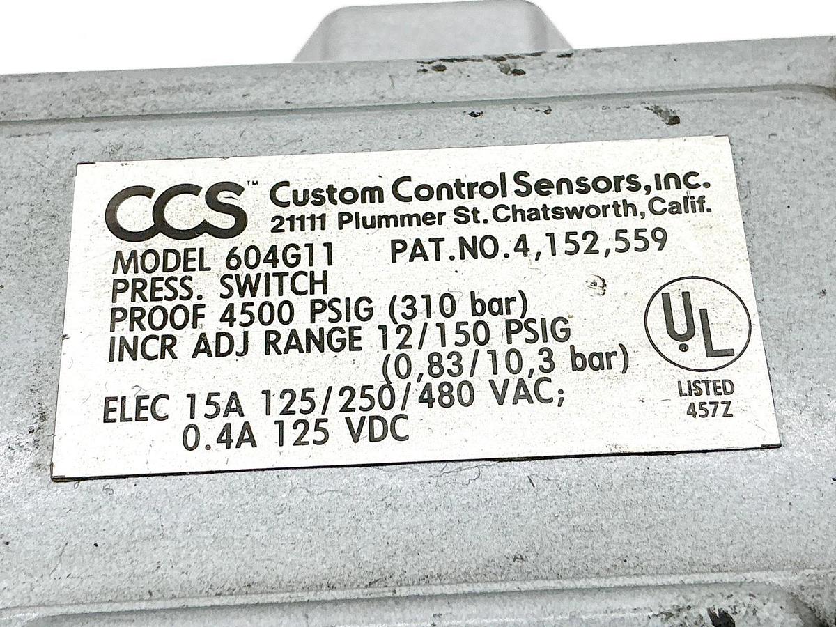 New Custom Control Sensors Inc 604G11 Pressure Switch 4500PSIG 480VAC - No Box