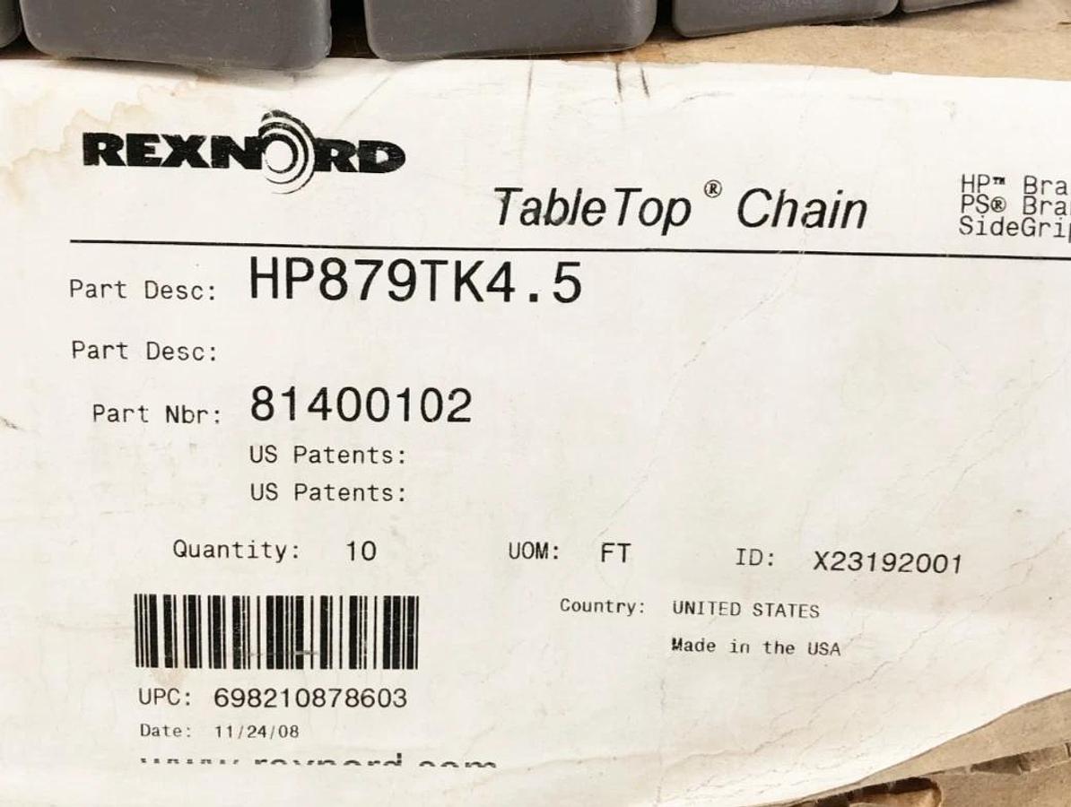 New Rexnord HP879TK4.5 TableTop Chain 81400102 10 FT.