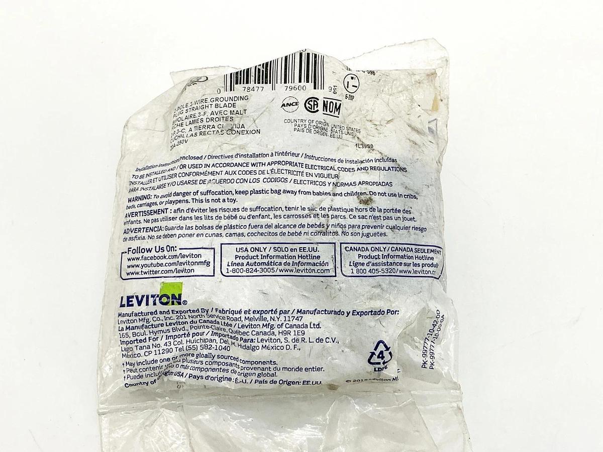 New Leviton 061-5466-C Straight Blade Plug 20A 250V 2P 3Wire