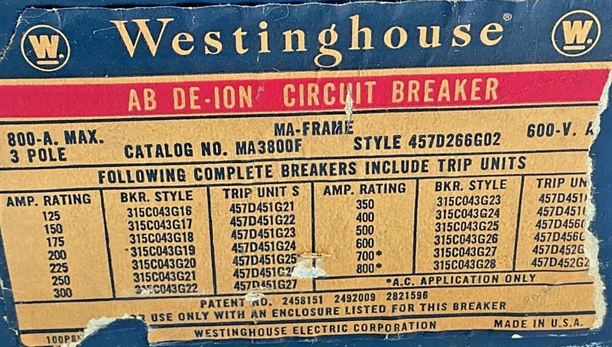 Used Westinghouse MA3800F AB Di-Ion Circuit Breaker 3-Pole 800A 600V