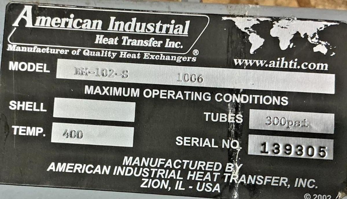 Used American Industrial Heat Transfer BM-102-S Heat Exchanger Tubes-300PSI Temp-400F