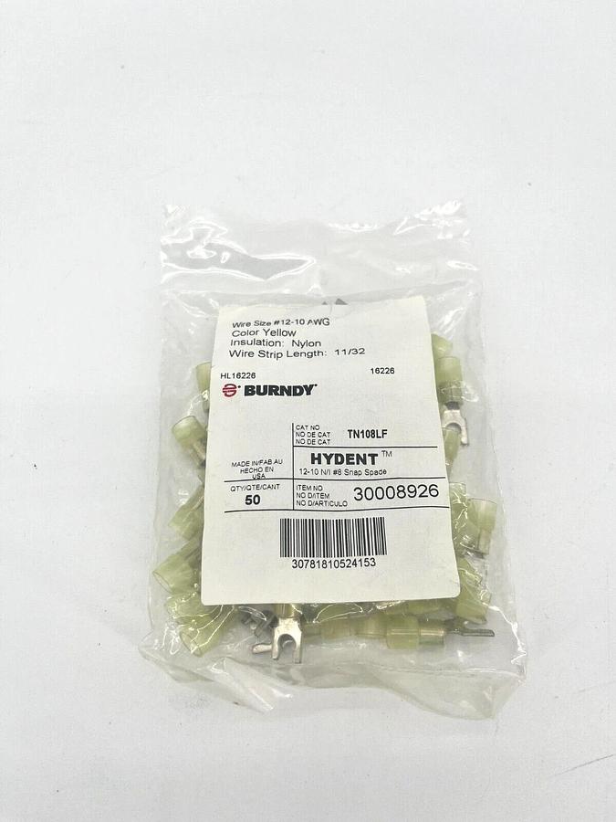 Bag of 50 New Burndy TN108LF Fork Terminals 12-10AWG 11/32" Wire Strip Length