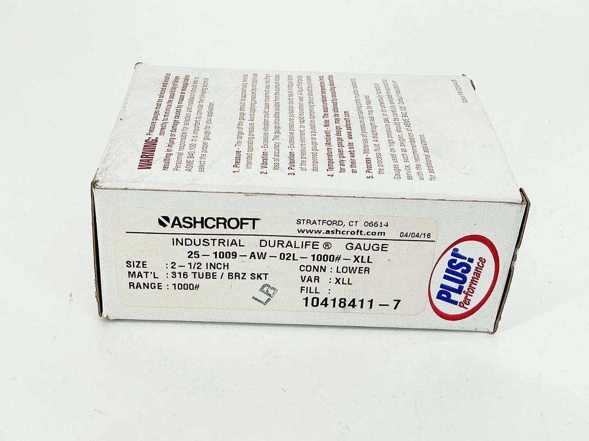 New Ashcroft 25-1009-AW-02L-1000#-XLL Pressure Gauge 2-1/2" 100PSI 316 Tube