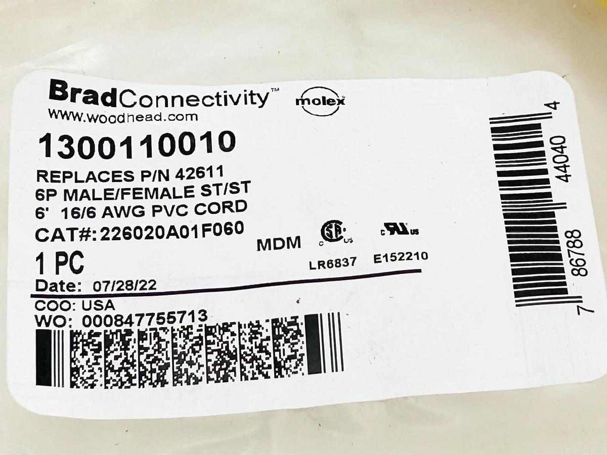 New Brad Connectivity 1300110010 Cordset 6P Male/Female ST/ST 6' 16/6 AWG PVC C