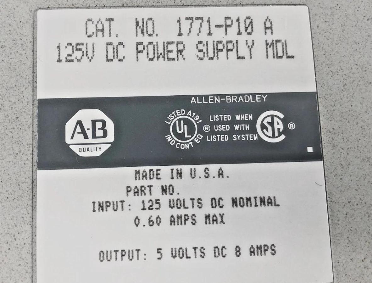 Used Allen Bradley 1771-P10 Ser. A Power Supply Module 125VDC