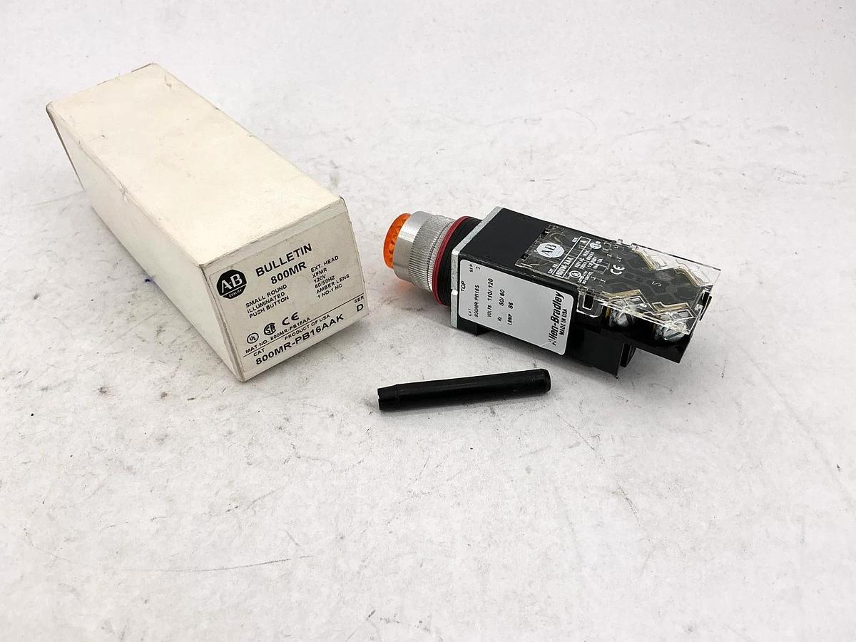 New Allen Bradley 800MR-PB16AAK Ser D Illuminated Pushbutton 120V Amber Lens