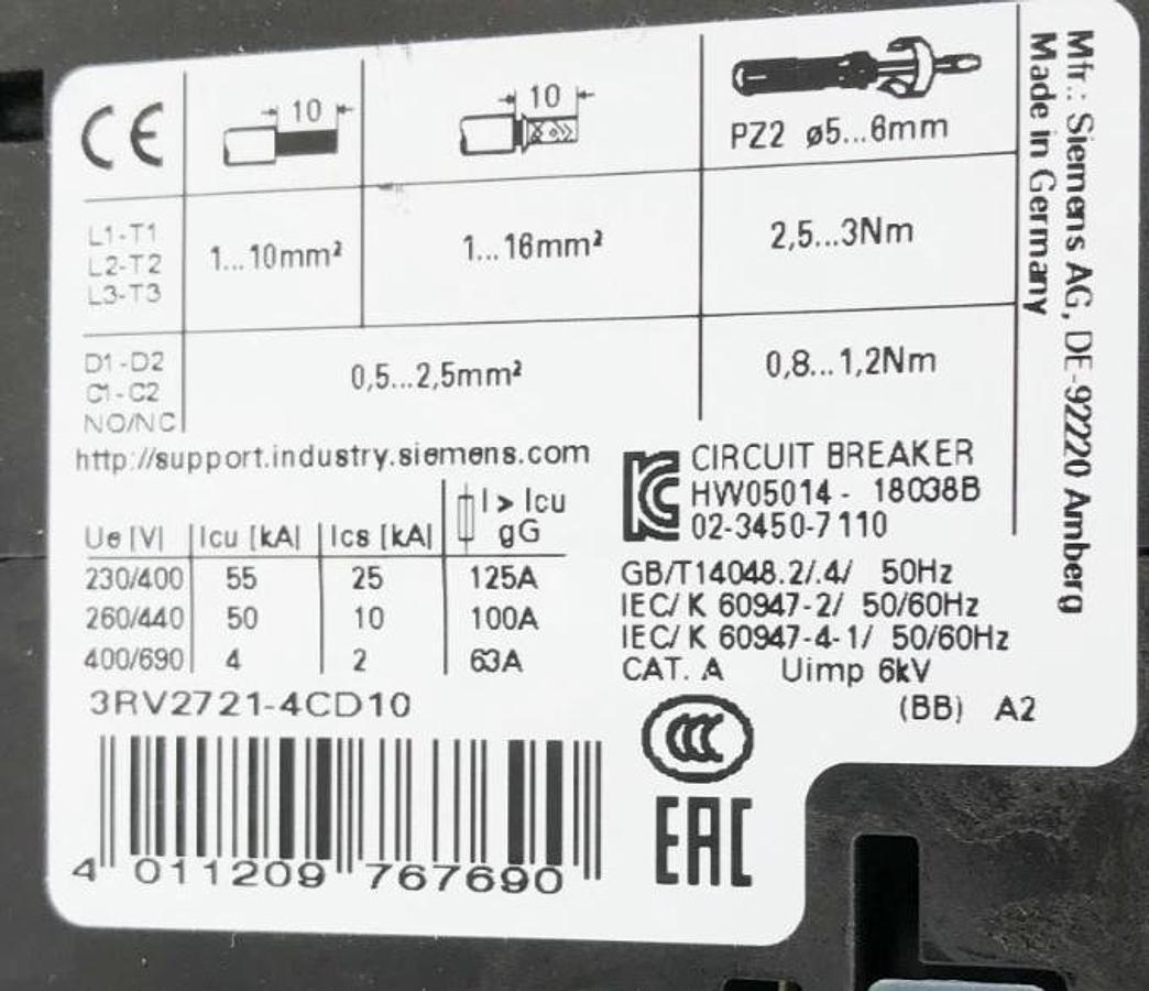 New Siemens 3RV2721-4CD10 Circuit Breaker 22A 690V