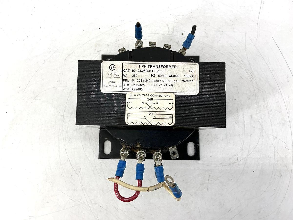 Used Rex Manufacturing CS250(JHCB)K Transformer 1PH 250VA Prime: 600V 2nd: 120/240V