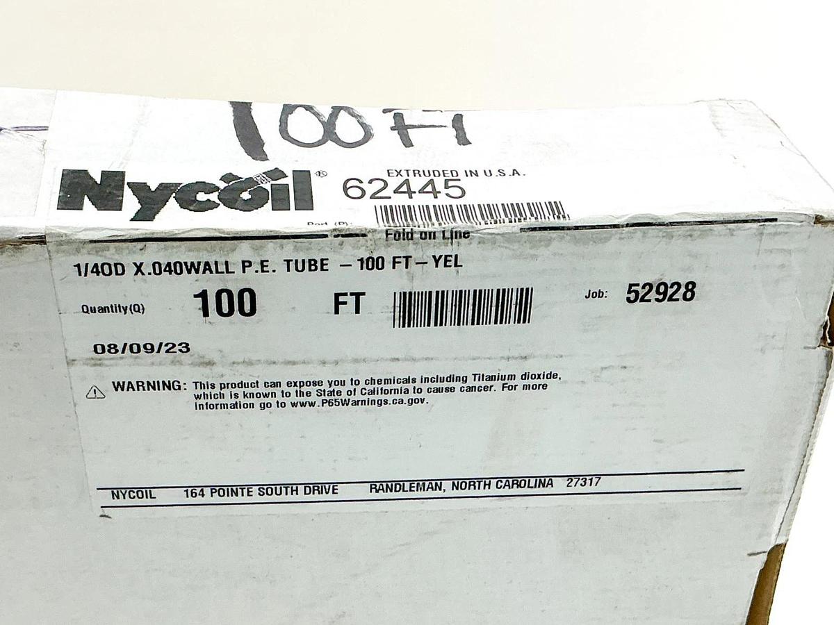 New Nycoil 62445 Yellow Tubing 1/4ODX.040 Wall P.E.Tube 100Ft
