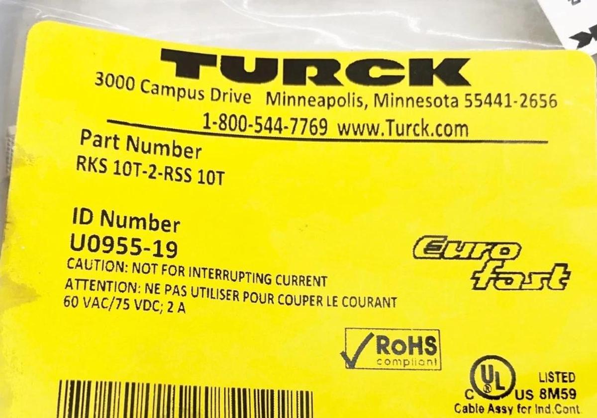 New Turck RKS 10T-2-RSS 10T Cable Connector U0955-19 60VAC/75VDC 2 A