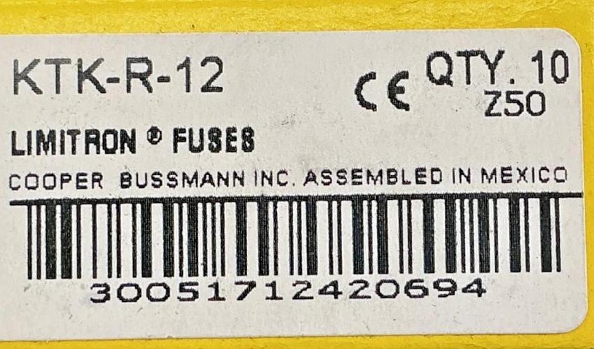 New Bussmann KTK-R-12 Limitron Current-Limiting Class CC Fuse 12A 600V Box of 10