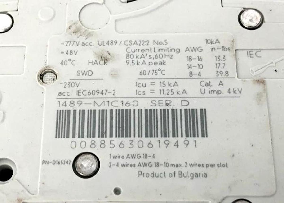 New Allen Bradley 1489-M1C160 Circuit Breaker 1P 16A 277VAC 48VDC - No Box