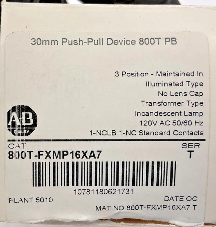 New Allen Bradley 800T-FXMP16XA7 Ser T 30mm Push-Pull 3P No Cap Lens