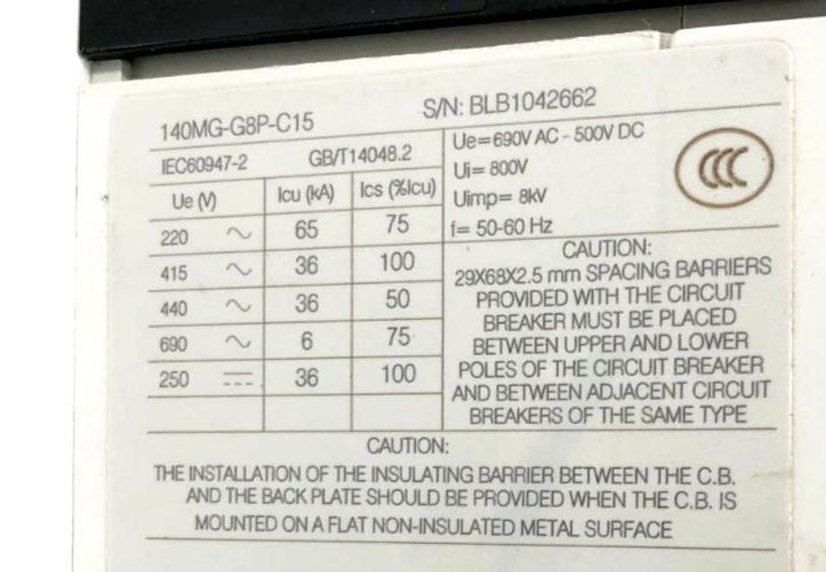 New Allen Bradley 140MG-G8P-C15 Circuit Breaker 15A 3P 480V-600Y/347V - No Box