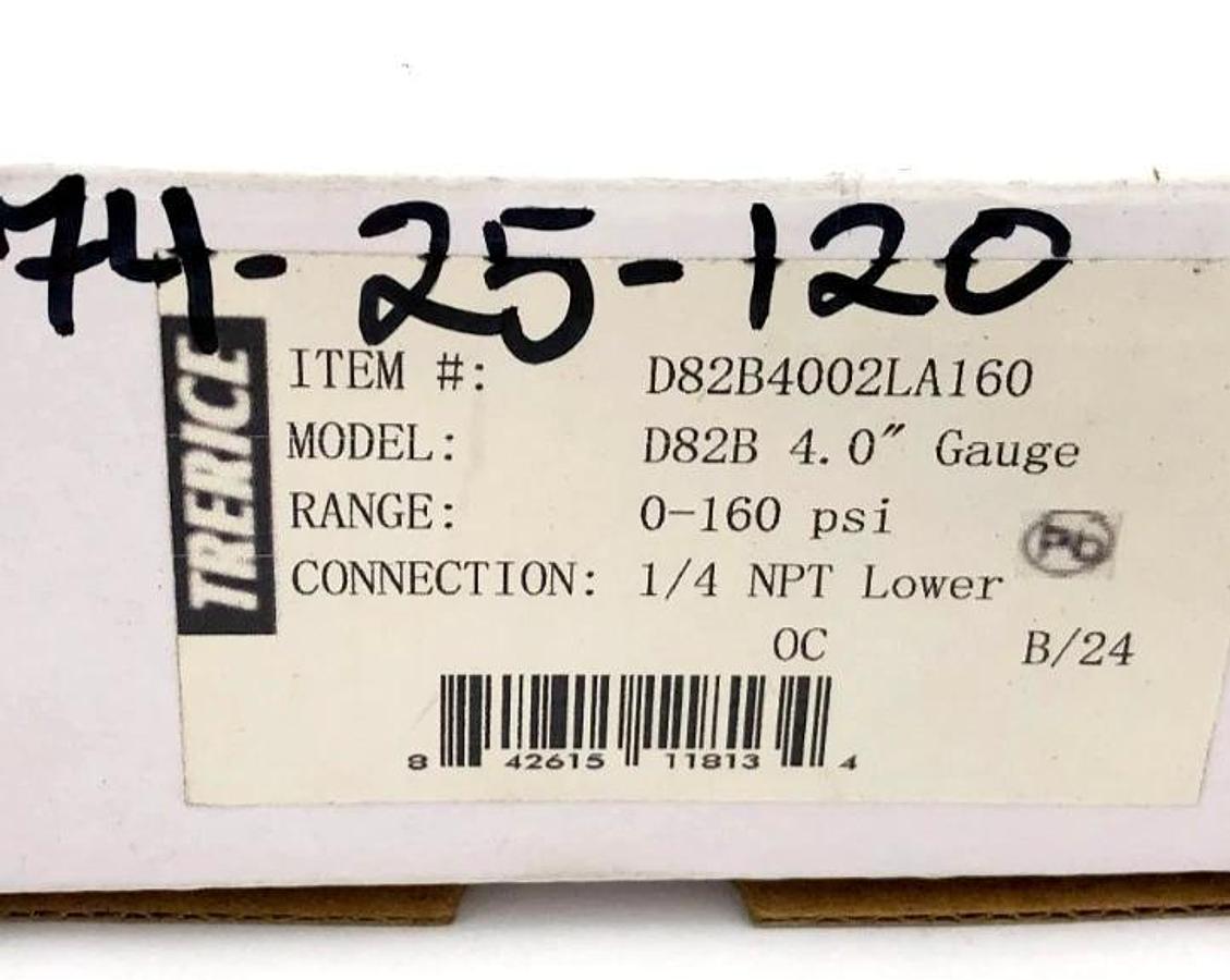 New Trerice D82B4002LA160 Pressure Gauge D82B 4" 0-160psi 1/4" Lower OC