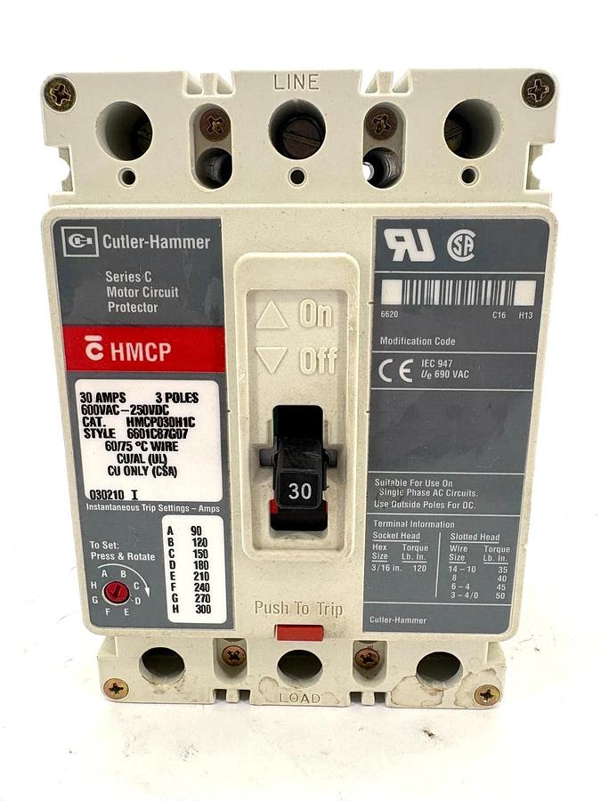 Used Cutler-Hammer HMCP030H1C 30A Circuit Breaker 3-Pole 600VAC 250VDC