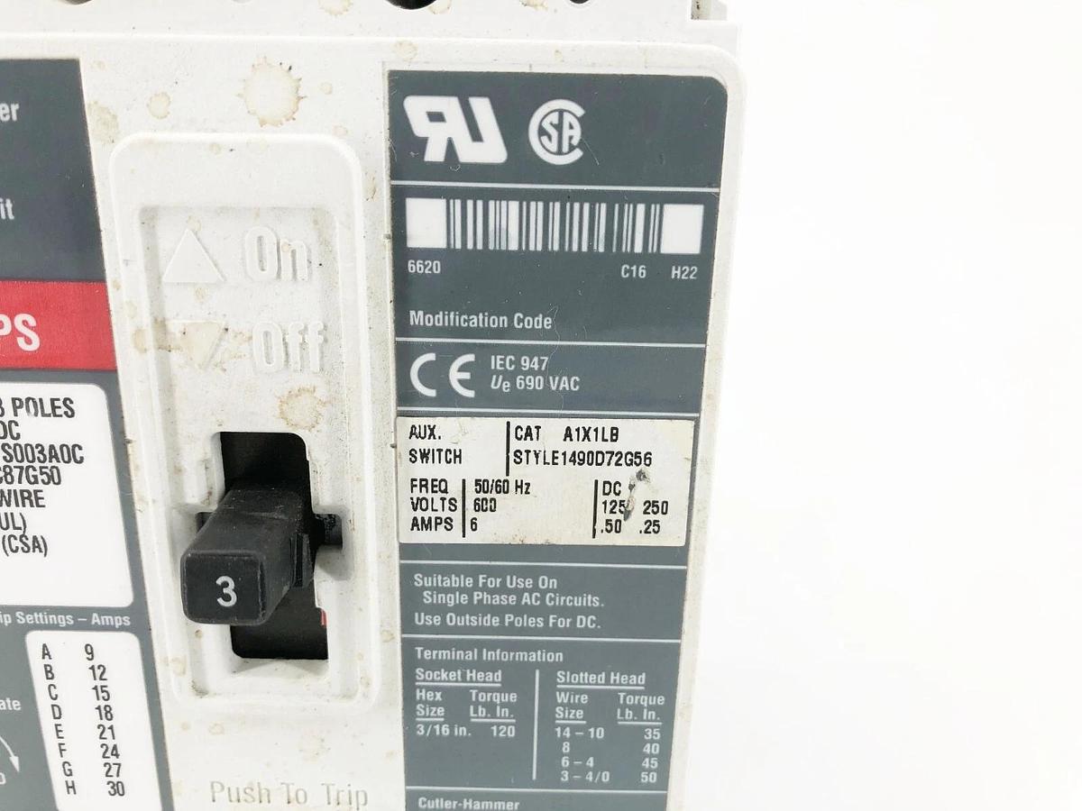 Used Cutler Hammer HMCPS003A0C Motor Circuit Breaker w/ A1X1LB 3P 3A 600VAC 250VDC