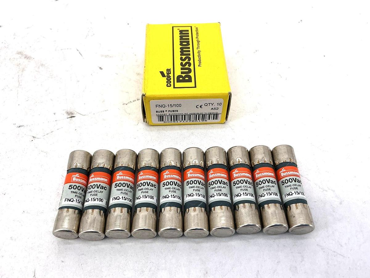 New Bussmann FNQ-15/100 500Vac Time-Delay Fuse 15/100A 500V Box of 10