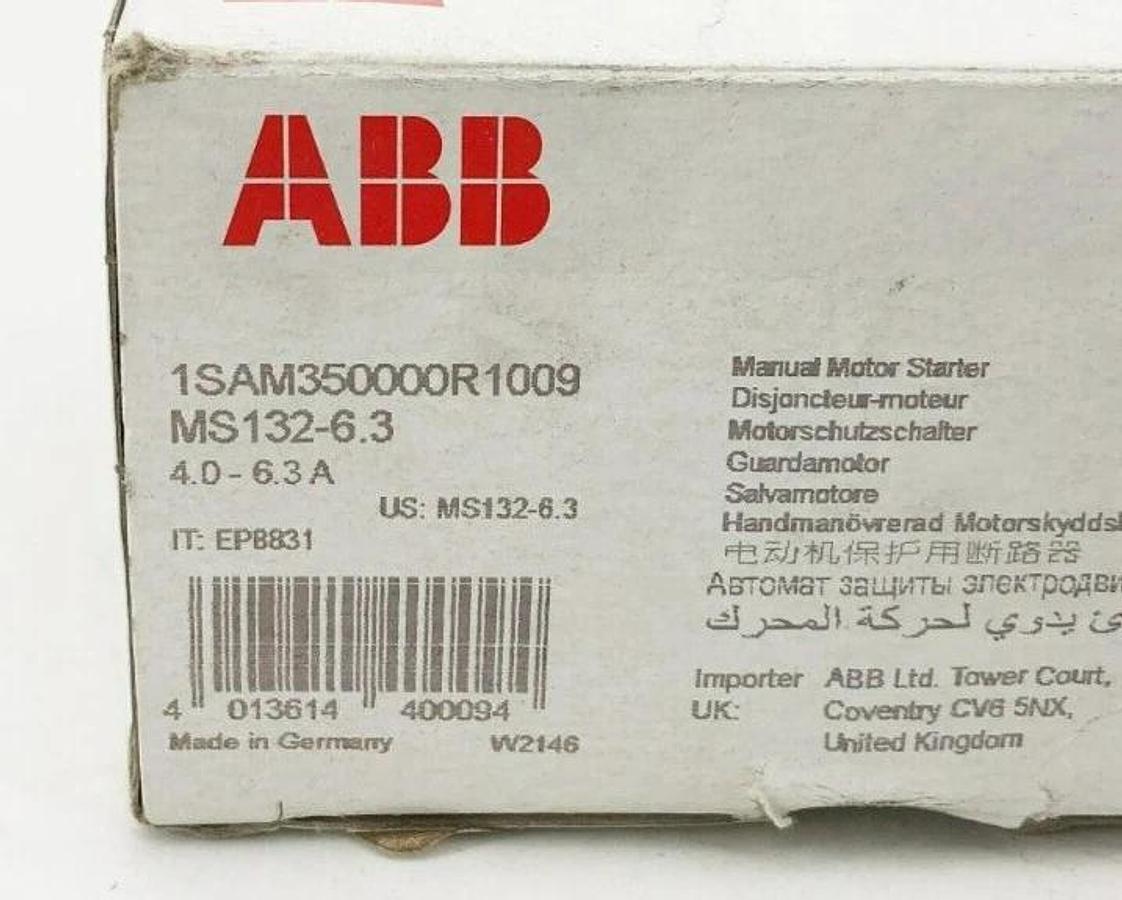 New ABB MS132-6.3 Manual Motor Starter 4-6.3A 690V 1SAM350000R1009