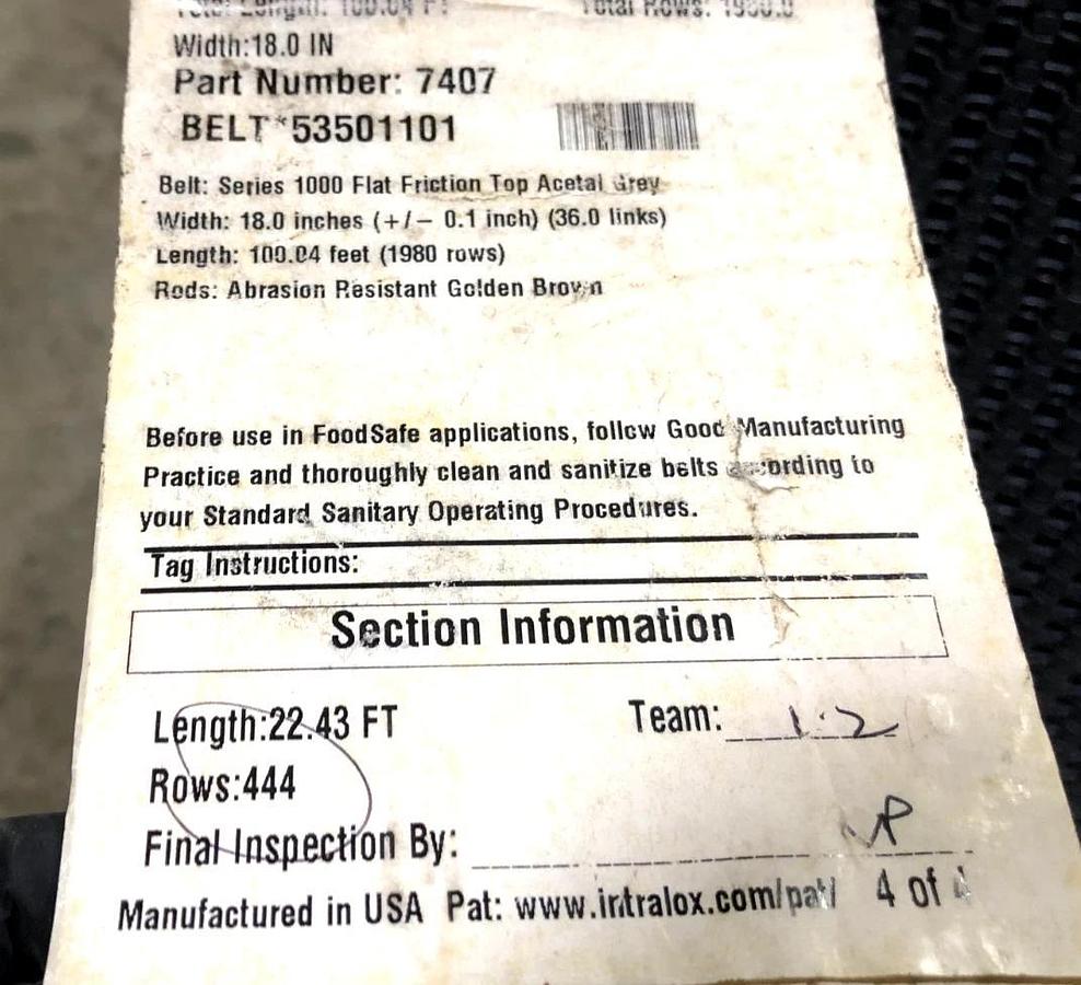 New Intralox 7407 Series 1000 Flat Friction Top Acetal Gray 22.43FT x 18" No Box
