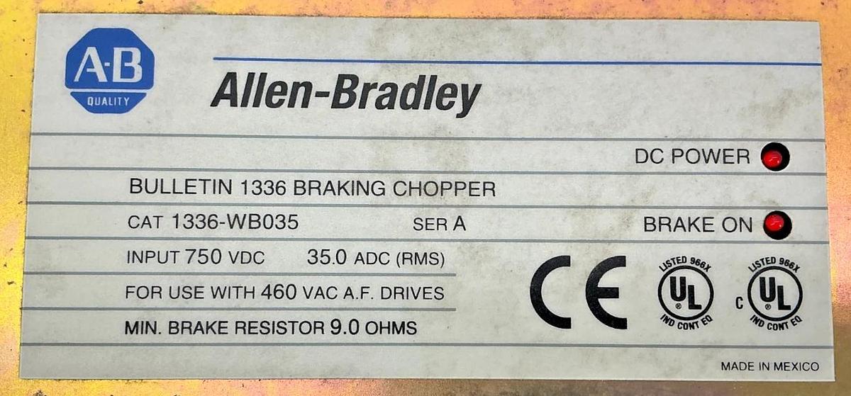 Used Allen Bradley 1336-WB035 Ser A Breaking Chopper 750VDC 35.0ADC (RMS) 9.0 OHMS