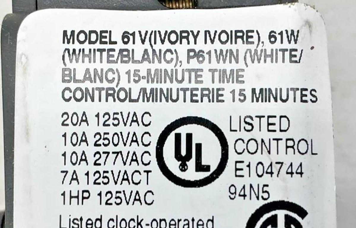 New Broan-NuTone 61V 15-Minute Time Control Ivory 20/10A 120/240V 60HZ