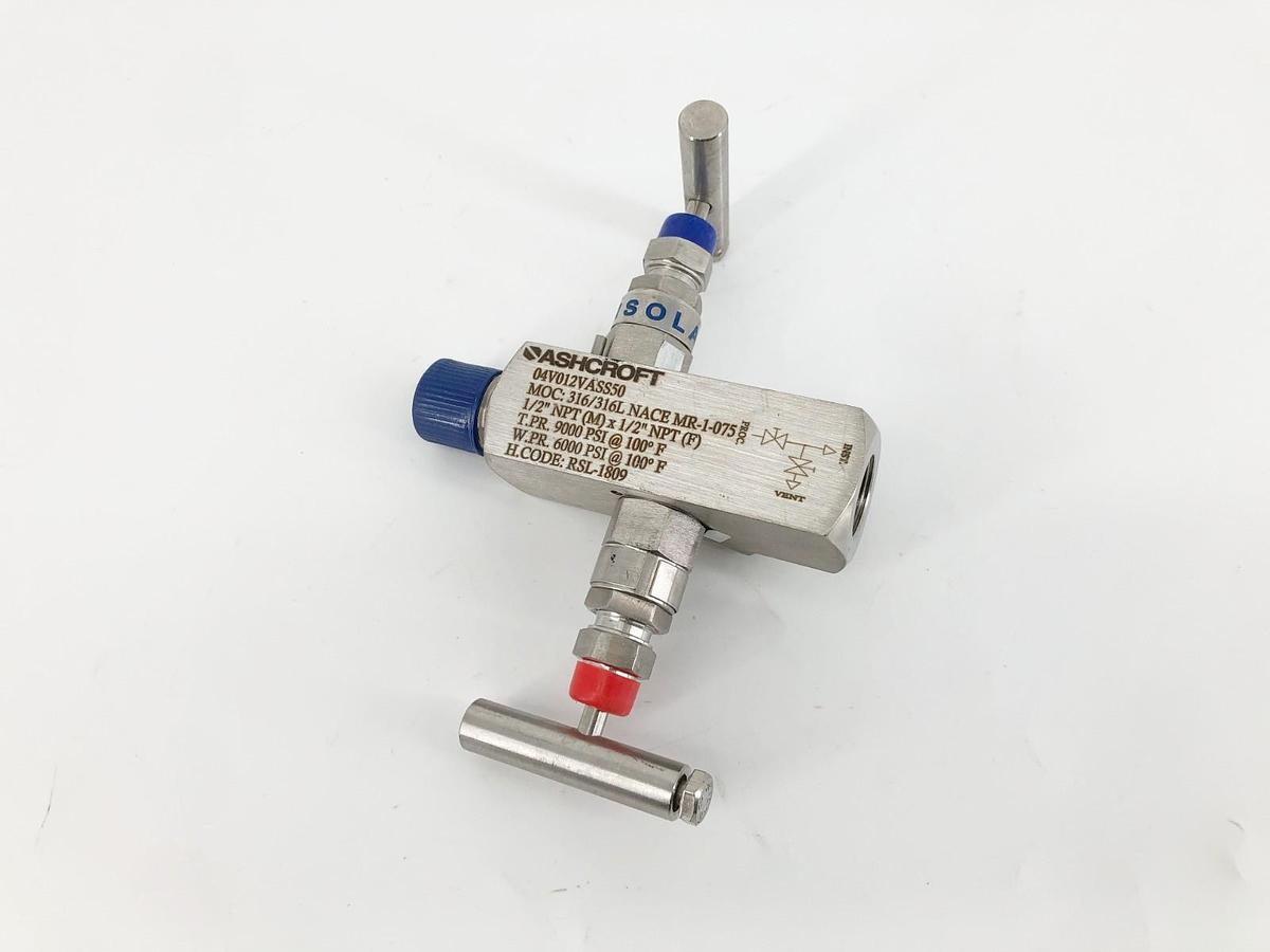 New Ashcroft 04V012VASS50 Block & Bleed 2-Valve Manifold 1/2" NPT - No Box