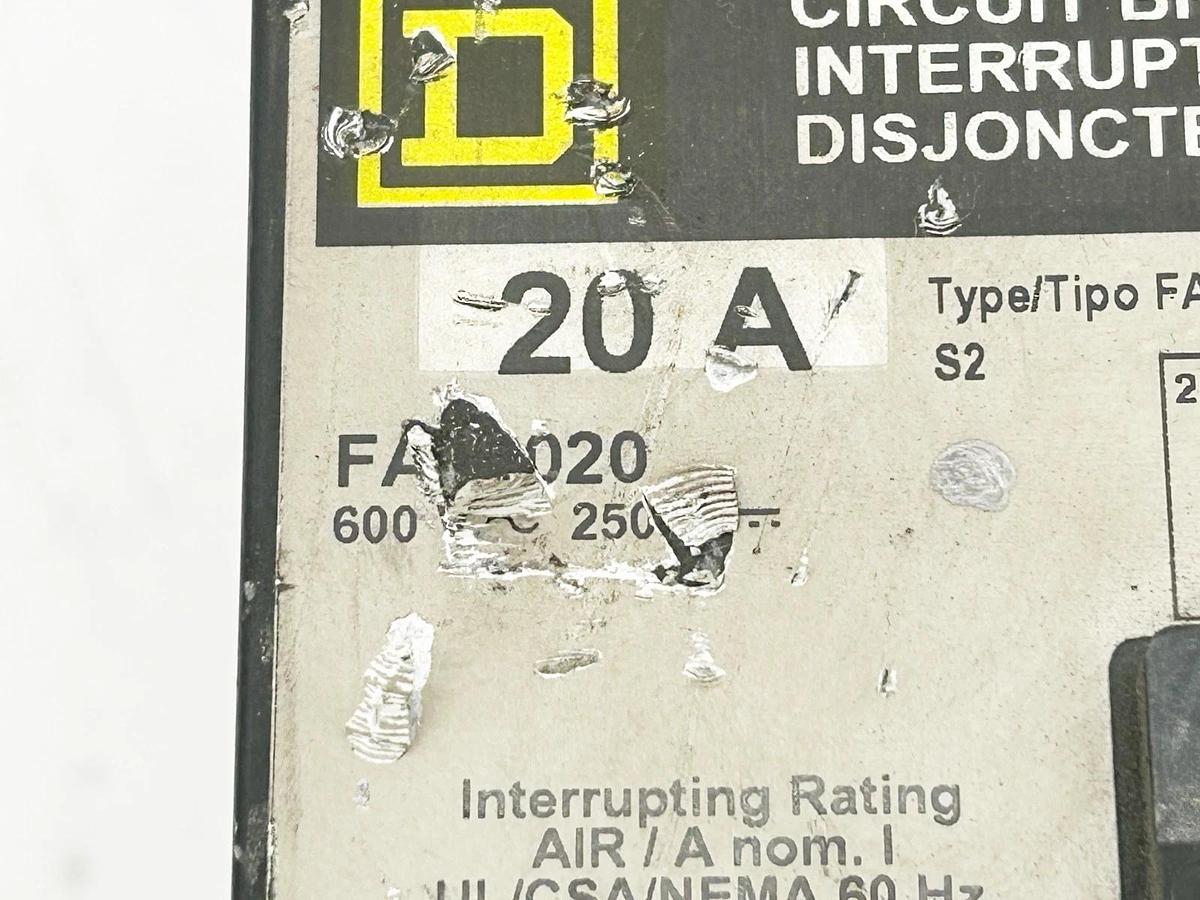 Used Square D FA32020 Circuit Breaker 20A 3P 600V
