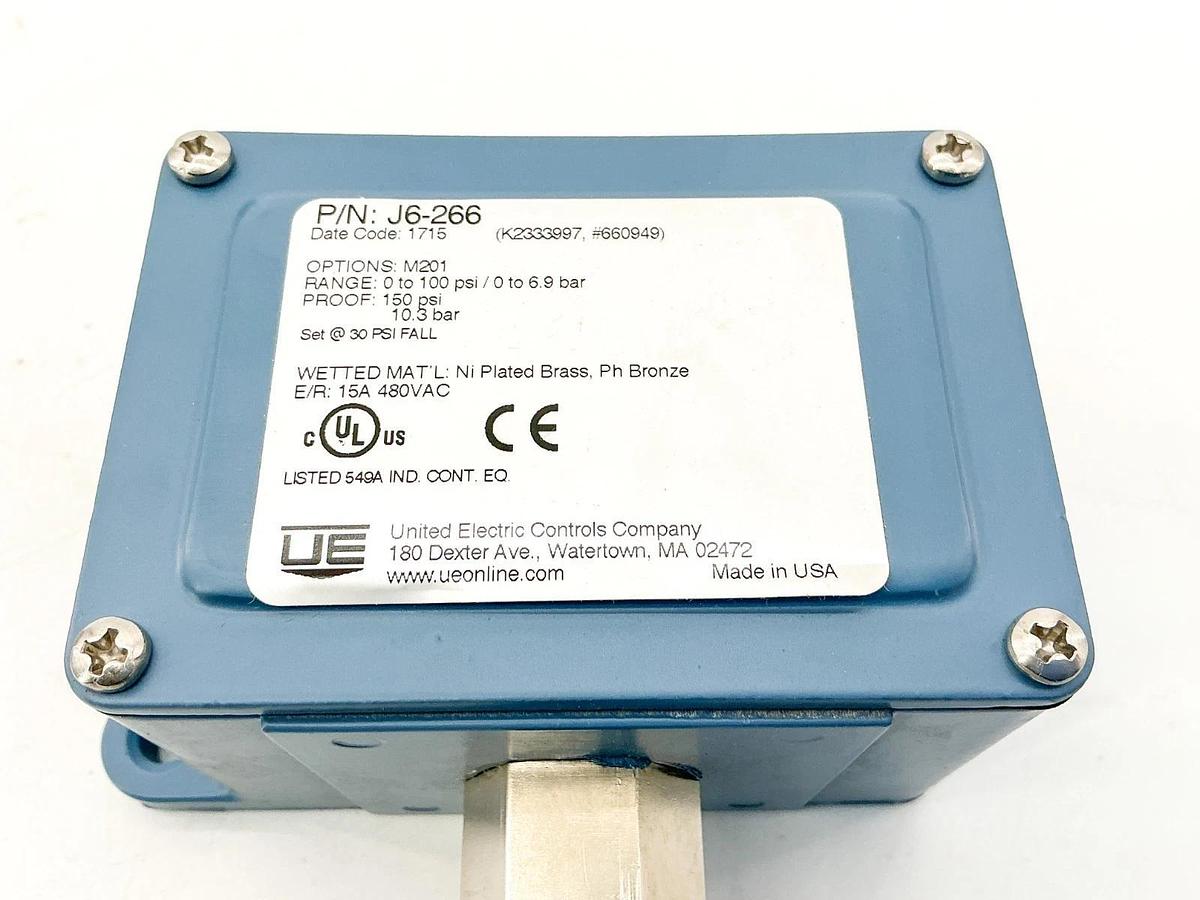 New UE United Electric Controls J6-266 Pressure Switch 14A 480VAC 0-100PSI M201