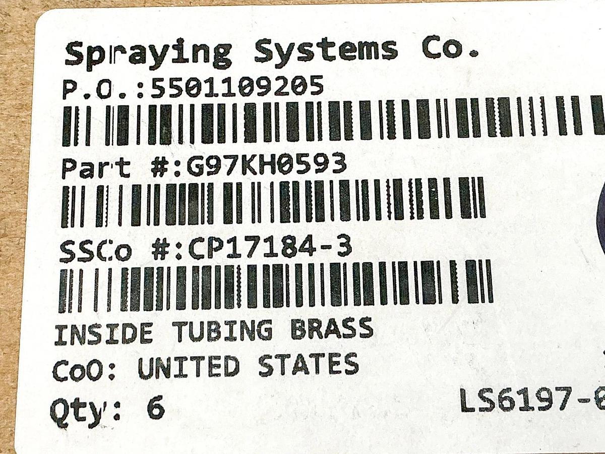 New Lot of 6 Spraying Systems CP17184-3 Inside Tubing Brass G97KH0593
