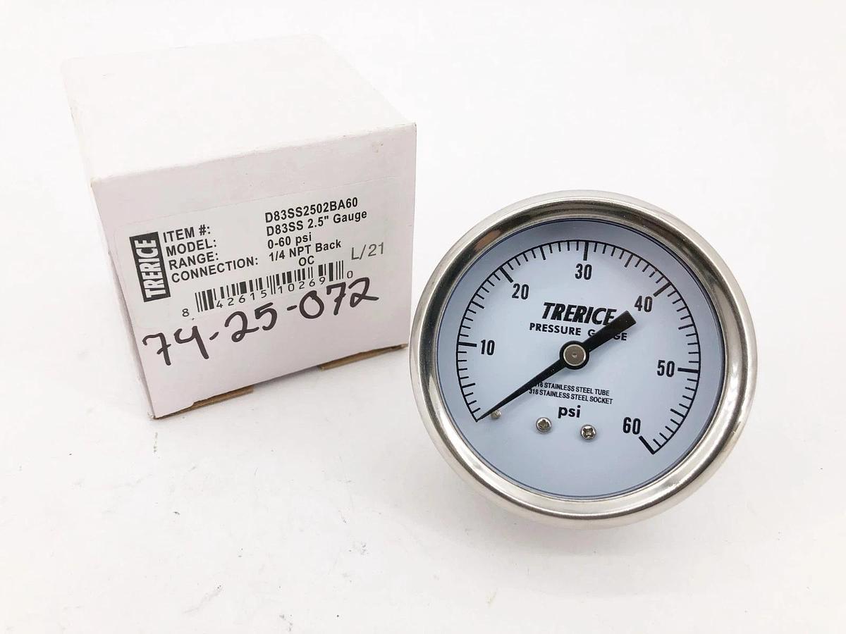 New Trerice D83SS2502BA60 Pressure Gauge D83SS 2.5" Gauge 0-60psi 1/4" NPT Back